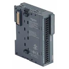 Panel-mount discrete output module for M241 series controllers. Provides 16 relay outputs for switching on/off devices such as solenoids, relays, and indicators in industrial automation and process control applications. Requires 24V DC power supply.