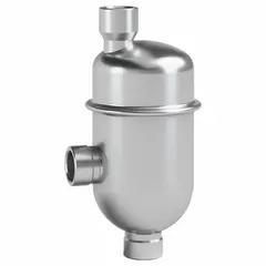 Angled-connection vertical-discharge air vent with 1/2 in FNPT top port for steam service. Stainless steel body rated to 400 psi and 500°F. Used in steam systems to automatically vent air, improving heat transfer in steam traps, heat exchangers, and process piping.