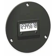 Front panel mounting digital counter with high-contrast LCD display, tab actuator, and black housing. Features optional gasket and polarized lens. NEMA 4 enclosure rating. Suitable for industrial counting applications such as production line counting, machine cycle tracking, or process monitoring.