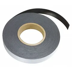 Flexible magnet roll with adhesive backing on the nonmagnetic side for mounting. Measures 1 inch wide by 50 feet long in black. Suitable for holding, organizing, or mounting ferrous items in industrial, commercial, or DIY settings.
