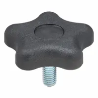 This 5-arm knob features a plastic body with a steel thread insert for manual adjustment and clamping on industrial machinery, jigs, and fixtures. Thread size is 3/8"-16 with a 1.5-inch thread length. Suitable for frequent repositioning in manufacturing and assembly applications