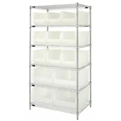 Steel frame shelving unit with silver finish, one-sided, includes 13 clear polypropylene open-front bins in hang-and-stack style. Nine bins measure 10 in x 11 in x 23-7/8 in. Suitable for organizing small parts, components, or tools in warehouses, workshops, and distribution centers.