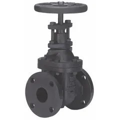 This 8-inch nominal size gate valve features a cast iron body, wedge, and bonnet with a non-rising stem design. It has Class 125 flange connections and a wheel operator. Suitable for general purpose industrial applications controlling flow of water, oil, or gas at moderate pressures.