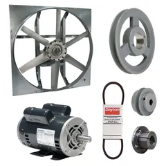 Unassembled belt-drive panel exhaust fan with drive package. Features a 30-inch blade, 2 hp motor, and 14,990 cfm airflow at 115/208-230V AC single phase. Zinc-plated steel frame with open dripproof motor and Class B insulation. Cast construction without intake guards. Suitable for high-volume ventilation in industrial and commercial spaces.