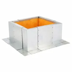 Galvanized steel roof curb for mounting upblast fans with 16 in to 21-1/2 in square base. Inside width 10-1/2 in to 19 in, outside width 14-1/2 in to 23 in. UL 705 listed. Provides structural interface for rooftop ventilation systems.