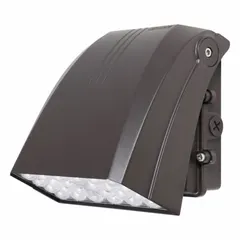 This LED wall pack provides anti-glare outdoor illumination for building perimeters, parking lots, and walkways. It offers selectable outputs of 4,200 lm, 6,300 lm, or 8,400 lm and color temperatures of 3000K/4000K/5000K. The fixture operates on 120 to 347V AC, features a Type II distribution pattern, and has a bronze housing.