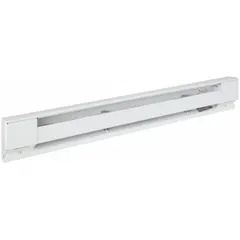 Residential-grade electric baseboard heater with conventional white housing. Operates at 120V AC with 1000W output. Thermostat not included. Suitable for supplemental or primary heating in residential spaces.