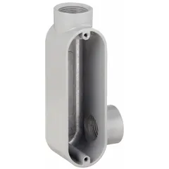 Aluminum LR 90° elbow type conduit outlet body with 1/2 in trade size and 4.3 cu in body capacity. Features a threaded hub and powder-coated finish. Designed for use with IMC (Intermediate Metal Conduit) to pull, splice, or route conductors in electrical raceway systems.