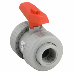This CPVC ball valve features a straight two-piece body with socket x FNPT connections and a lever handle for manual operation. It is used for on/off control in CPVC piping systems handling water, chemicals, and corrosive fluids.