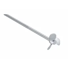 Propeller-type overhead stirrer impeller with three blades. Blade diameter 2 1/4 in, shaft diameter 1/4 in, shaft length 13 3/4 in. Compatible with IKA model 0025006577. Used for mixing, blending, and homogenizing fluids in laboratory and industrial processes.