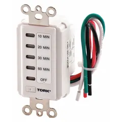 This digital pre-set countdown timer from TORK provides automatic shut-off for electrical loads such as lights or fans. It operates as a single-pole, single-throw (SPST) switch at 120V AC, with a timing range from 10 minutes to 1 hour. The unit is white and does not include a wall plate. No hold function is included.