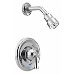 This shower faucet from the Capstone series includes a fixed brass showerhead with a 2.5 gpm flow rate. It features a single handle for water control and a chrome finish. Suitable for residential and commercial bathroom installations requiring a fixed showerhead.