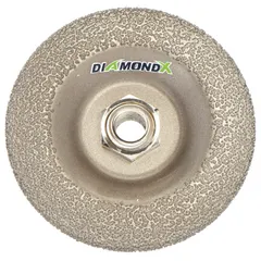 This DIAMOND VANTAGE grinding wheel is a Type 29 depressed-center wheel with a diamond abrasive, measuring 4-1/2" diameter by 1/4" thickness with a 5/8"-11 threaded arbor. The 24 grit provides aggressive material removal for blending, beveling, and surface preparation on stone, concrete, and metal. Part of the DiamondX series.