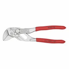 Flat-jaw tongue and groove pliers with push-button adjustment for quick repositioning across 11 jaw positions. Smooth jaws enable mar-free gripping of nuts, bolts, and pipes. Overall length 5 in, max jaw opening 7/8 in.