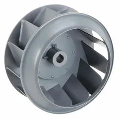 Steel backward-inclined blower wheel with 12 1/4 in diameter, 1 in bore, and maximum speed of 2,978 RPM. Includes set screws. Suitable for use in industrial fans, blowers, and air-handling units requiring efficient air or gas movement at moderate to high static pressures.