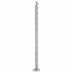 This center handrail post is designed for modular handrail systems, featuring a round stainless steel construction with a silver finish. It is floor mounted and supports one rail level, suitable for use in commercial or residential deck, stair, and balcony applications.