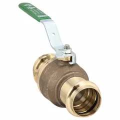 This VIEGA PROPRESS ball valve is a 1-1/2 in bronze, straight, two-piece design with press x press connections and a locking lever handle. It is used for manual on/off control of fluid flow in commercial and industrial piping systems, including HVAC and plumbing applications.