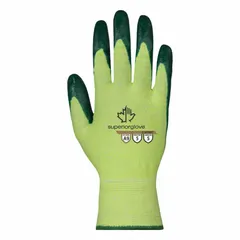 ANSI Cut Level A9 rated knit gloves with palm-dipped nitrile coating for oil and abrasion resistance. High-visibility green material and touchscreen compatible. Suitable for metal fabrication, glass handling, and heavy manufacturing.