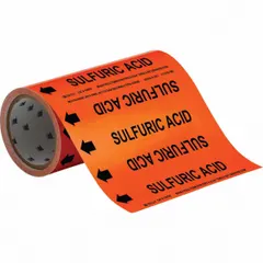 Roll of 30 orange pipe markers with black legend reading 'Sulfuric Acid' and directional arrows. Designed for pipes with an outside diameter of 2 inches and smaller. Used to identify pipes carrying sulfuric acid in industrial piping systems.