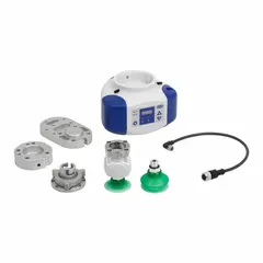 This vacuum gripper integration kit is designed for use with TECHMAN collaborative robots. It provides a max flow rate of 12 lpm and operates at 0.6 A. The kit includes a USB stick for setup and is suitable for pick-and-place applications in automated assembly, packaging, or material handling.