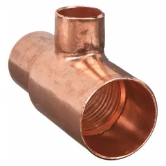 Wrot copper tee with cup x cup x cup ends for sweat (solder) connections. Used to join three copper tube branches in plumbing and piping systems. Meets ASTM B75/B88 standards.