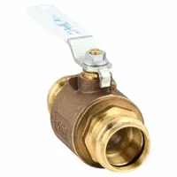 Two-piece straight ball valve with brass/bronze construction and press x press connections. Features a lever handle for manual on/off flow control. Suitable for use in industrial piping systems handling water, oil, or gas