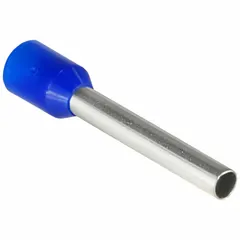 Insulated ferrule for terminating stranded wire in terminal blocks. Blue nylon insulation, 0.1 in ferrule diameter, holds 1 wire. Used in control panels, automation systems, and electrical installations to prevent fraying and ensure secure connections.