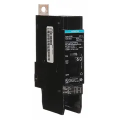 Single-pole bolt-on miniature circuit breaker rated 60 A at 277V AC. Part of the BQD series, it provides overcurrent protection in electrical distribution systems. Suitable for use in panelboards requiring bolt-on connections.