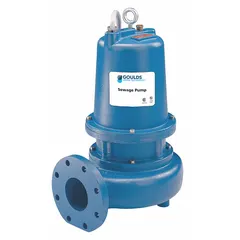Non-clog sewage ejector pump for wastewater removal in commercial and industrial applications. Handles solids up to 2 1/2 inches in diameter. Features a cast iron impeller, vertical discharge orientation, and 460V AC three-phase power. Switch not included.