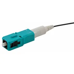 SC simplex fiber optic connector with aqua housing, designed for terminating OM4 multimode fiber. Suitable for use in premises wiring applications requiring high-bandwidth connectivity. Supplied in a 12-pack. Manufacturer part number: FCSC900K50GM12.