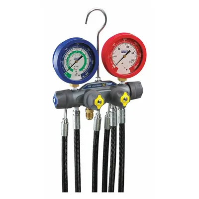 YELLOW JACKET Manifold Gauge: 4 Valves, 4 Hoses, Series Titan, 3 1/8 in Gauge - Analog Manifold Gauge Kits