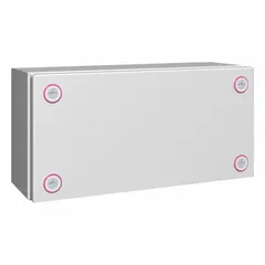 This RITTAL metallic enclosure is constructed from steel with a light gray finish. It measures 5 inches by 11 inches by 5 inches and includes a solid cover. Rated NEMA 1, 12, 3R, and 4, it is suitable for indoor and outdoor applications requiring protection against falling dirt, dust, rain, and hose-directed water.