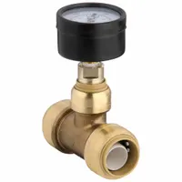 Standard brass push-to-connect tube tee with 3/4 in OD x 3/4 in OD push-to-connect x push-to-connect configuration. Used to install a pressure gauge into a plumbing system, enabling pressure monitoring in water or HVAC lines. Compatible with copper, CPVC, PEX, and PE-RT tubing