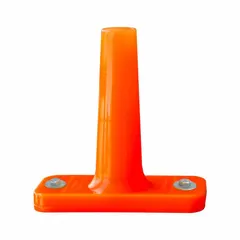 This orange railroad track clearance marker is installed using bolts. It is used to indicate safe clearance limits along rail lines, helping prevent equipment collisions in rail yards, crossings, and maintenance areas.