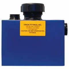 Plastic dilution tank with threaded connection. Overall width and depth of 8-1/2 in. Used in industrial fluid systems for diluting concentrated chemicals or collecting condensate and trapping debris.