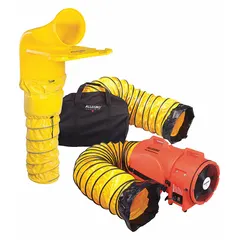 Axial blower and ducting combination unit with a 12 in duct diameter and 1/4 hp motor, operating on 12 V DC with vehicle battery hookups. Includes a manhole ventilation pass-thru. Suitable for ventilating confined spaces such as manholes, tanks, and vaults to supply fresh air and remove hazardous fumes, dust, or stagnant air.