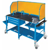 This mobile fixed-height welding table provides a 57 in wide by 27 in deep work surface with a 1,000 lb weight capacity. It includes a Tool Chest for storing welding accessories and tools. Suitable for general fabrication and repair tasks in industrial settings