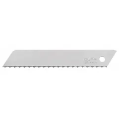 Steel serrated-edge utility blades with standard tip, 4 7/16 in length, 11/16 in width, 0.02 in thickness. Designed for cutting tough materials such as drywall, carpet, and cardboard in construction and industrial applications.