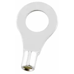 Non-insulated ring terminal rated for 600 V. Stud size 5/16 in, accepts wire sizes 22 AWG to 16 AWG. Bare copper construction allows use in high-temperature environments or where insulation is not required. Commonly used for secure, vibration-resistant terminations in industrial control panels and machinery wiring.