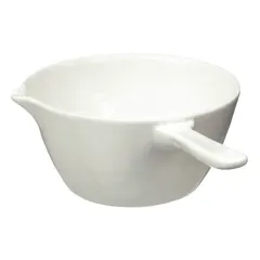 Glazed porcelain casserole with 200 mL capacity, 100 mm diameter, and 52 mm overall height. Autoclavable for laboratory and industrial sample preparation, sterilization, and high-temperature processes.