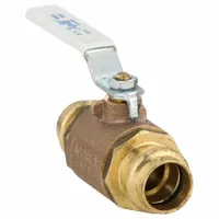 This APOLLO two-piece ball valve is made of brass/bronze with a straight pattern and press x press connections. It features a lever handle for manual operation and is used to start, stop, or redirect flow in plumbing, HVAC, and process control piping systems