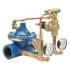 This automatic control pressure regulator has a 2 1/2 in nominal pipe size with NPT connections. The body is ductile iron, and the pressure range is 15 psi to 120 psi. It is used to regulate water pressure in commercial and industrial piping systems, such as irrigation, fire protection, and water distribution networks.