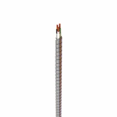 This low-profile metal-clad cable features three 12 AWG copper conductors with aluminum armor, supplied in a 250-foot length. It is suitable for branch-circuit wiring in commercial and industrial settings, providing mechanical protection for exposed or concealed installations in dry or damp locations.