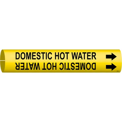 BRADY Pipe Marker: Domestic Hot Water, Yellow, Black, Fits 3/4 to 1 3/8 in Pipe O.D. - Domestic Hot Water Snap-On Pipe Markers