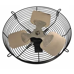 Guard-mount exhaust fan with 16-inch blade, 1/10 hp motor, and Totally Enclosed Air Over enclosure. Delivers 1,280 cfm at 115V AC. Suitable for general ventilation in industrial and commercial spaces to remove heat, fumes, and odors.