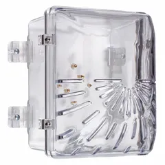 Clear polycarbonate cover for indoor wall-mounted horns or strobes. Surface-mount design includes mounting hardware. Water resistant. Protects against vandalism and accidental damage.