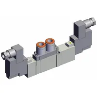 Double solenoid, five-way/three-position directional control valve with exhaust center position and spring return. Operates on 24V DC with 5 ports, internal pilot, DIN solenoid connector, and non-locking manual override. Used in pneumatic systems to control airflow to actuators or cylinders