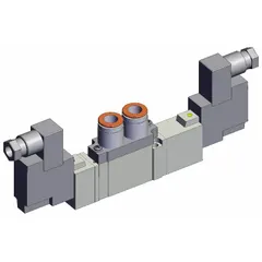 Double solenoid, five-way/three-position directional control valve with exhaust center position and spring return. Operates on 24V DC with 5 ports, internal pilot, DIN solenoid connector, and non-locking manual override. Used in pneumatic systems to control airflow to actuators or cylinders.
