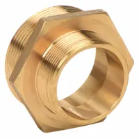 This brass rigid adapter connects fire hoses to hydrants or standpipes, transitioning from a 2 in NPT threaded pipe to a 2-1/2 in NH hose connection. The straight configuration and hex body allow wrench tightening for a secure, leak-free link in fire-suppression systems