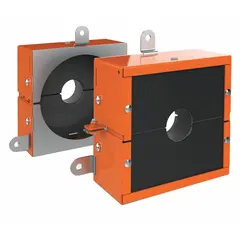 Metal firestop passthrough for sealing cable penetrations through fire-rated walls and floors. Square shape with overall dimensions of 7.5 in height, 6 in length, and 3 in width. Includes two mounting plates. Maintains fire-resistance rating of the barrier while allowing cables to pass through.